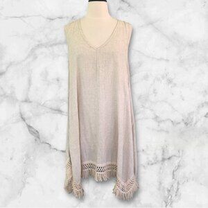 Bad Little Country Girl Tina Linen Blend Dress Crochet Fringe Hem Medium Boho